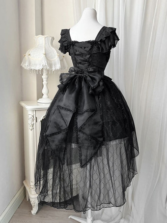 Gothic-Lolita-Kleider mit Schnürung Spitze Jacquard schwarz kurzärmlig bauschiges OP-Kleid