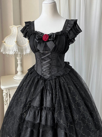 Gothic-Lolita-Kleider mit Schnürung Spitze Jacquard schwarz kurzärmlig bauschiges OP-Kleid