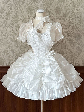 ホワイト ロリータドレス スイート ポリエステル半袖スイートドレス