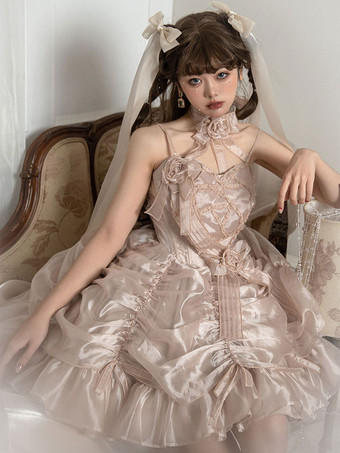 シャンパンカラーロリータドレス スイート ポリエステル半袖スイートドレス