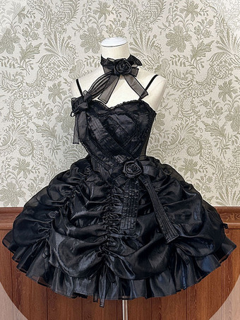 ブラック ロリータドレス スイート ポリエステル半袖スイートドレス