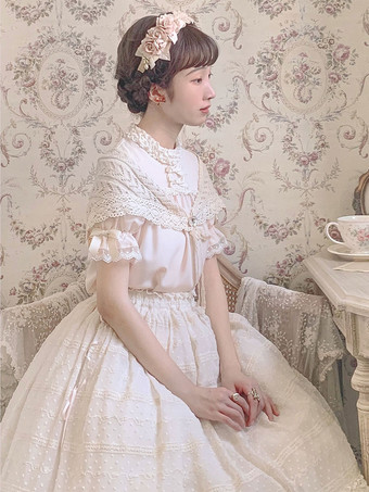 甘いロリータ ブラウス ライト アプリコット 五分袖 リボン フリル ロリータ トップ ロリータ シャツ