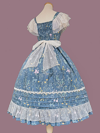 ティールクラシック ロリータ ドレス コットン ノースリーブ ロリータ ドレス ティール