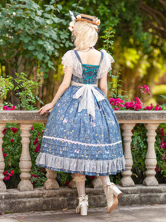 クラシック ロリータ ドレス コットン ノースリーブ ロリータ ドレス ティール