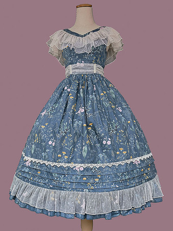 クラシック ロリータ ドレス コットン ノースリーブ ロリータ ドレス ティール