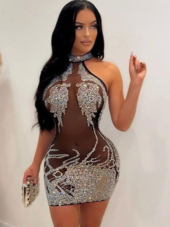 ブラック クラブドレス女性のためのアプリコットハイカラースパンコールノースリーブチュール薄手のセクシーなドレス