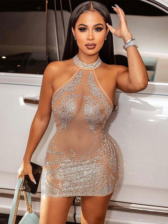 クラブドレス女性のためのアプリコットハイカラースパンコールノースリーブチュール薄手のセクシーなドレス