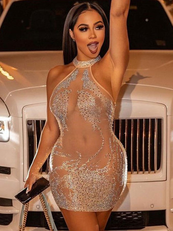 クラブドレス女性のためのアプリコットハイカラースパンコールノースリーブチュール薄手のセクシーなドレス