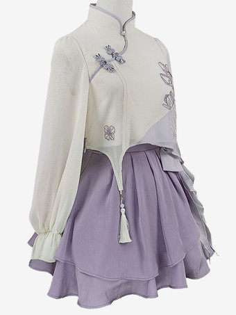 中国風ロリータ衣装ディープパープルフリンジリボン花柄長袖スカートトップ