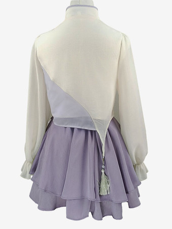 中国風ロリータ衣装ディープパープルフリンジリボン花柄長袖スカートトップ