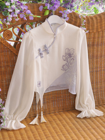 中国風ロリータ衣装ディープパープルフリンジリボン花柄長袖スカートトップ