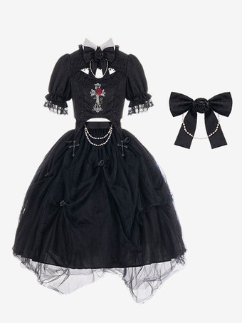 Steampunk Lolita Ensemble Noir Top Manches Longues Jupes