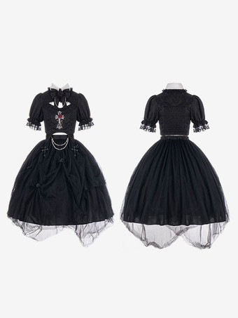 Steampunk Lolita Ensemble Noir Top Manches Longues Jupes