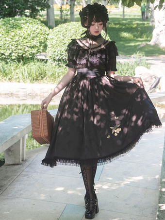 クラシックロリータドレス ポリエステル 半袖 ロリータドレス 花柄 クラシック 生成り ホワイト