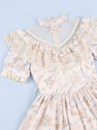 クラシックロリータドレス ポリエステル 半袖 ロリータドレス 花柄 クラシック 生成り ホワイト