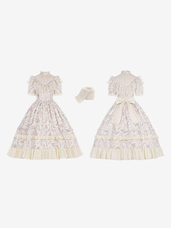 クラシックロリータドレス ポリエステル 半袖 ロリータドレス 花柄 クラシック 生成り ホワイト