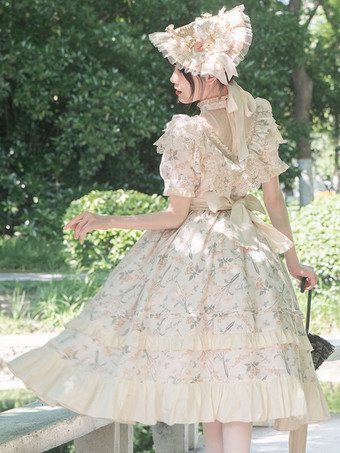 クラシックロリータドレス ポリエステル 半袖 ロリータドレス 花柄 クラシック 生成り ホワイト