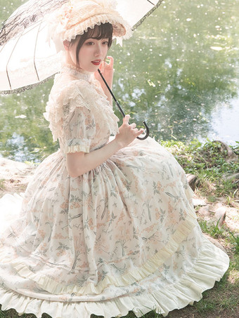 クラシックロリータドレス ポリエステル 半袖 ロリータドレス 花柄 クラシック 生成り ホワイト
