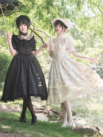 クラシックロリータドレス ポリエステル 半袖 ロリータドレス 花柄 クラシック 生成り ホワイト