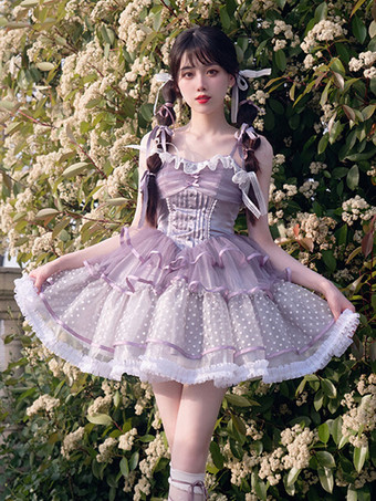 パープル スイートロリータドレスポリエステルノースリーブスイートジャンパードレス