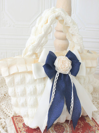 ダークネイビーロココ スタイル ロリータ バッグ エクリュ ホワイト ポリエステル ローズ柄リボン ポリエステル ハンドバッグ ロリータ アクセサリー