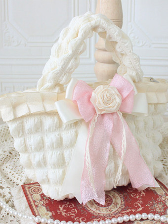 ピンクロココ スタイル ロリータ バッグ エクリュ ホワイト ポリエステル ローズ柄リボン ポリエステル ハンドバッグ ロリータ アクセサリー