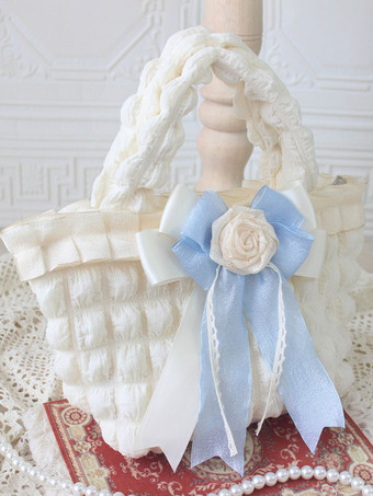 ライトスカイブルーロココ スタイル ロリータ バッグ エクリュ ホワイト ポリエステル ローズ柄リボン ポリエステル ハンドバッグ ロリータ アクセサリー