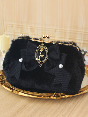 ブラック スイートロリータバッグリボンピンクフリルハンドバッグポリエステルロリータアクセサリー