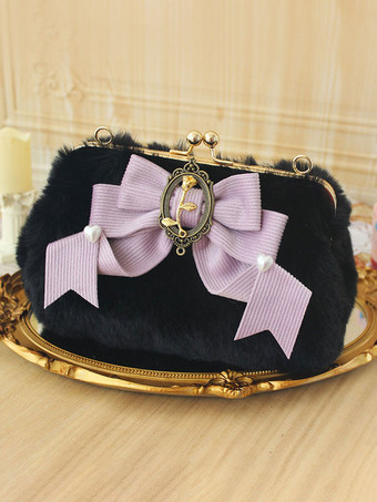 ラベンダーカラースイートロリータバッグリボンピンクフリルハンドバッグポリエステルロリータアクセサリー