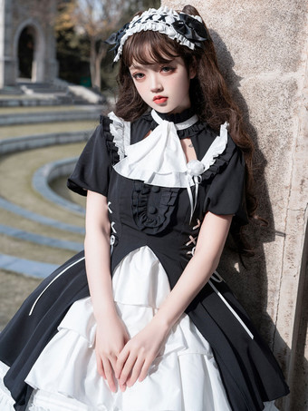 ゴスロリ ドレス フリル レースアップ ブラック