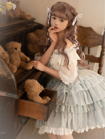 アカデミックロリータ衣装ライトスカイブルーフリルレース半袖トップスカート