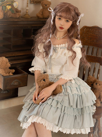 アカデミックロリータ衣装ライトスカイブルーフリルレース半袖トップスカート