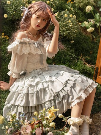 アカデミックロリータ衣装ライトスカイブルーフリルレース半袖トップスカート