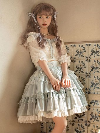 アカデミックロリータ衣装ライトスカイブルーフリルレース半袖トップスカート