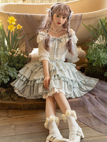 アカデミックロリータ衣装ライトスカイブルーフリルレース半袖トップスカート