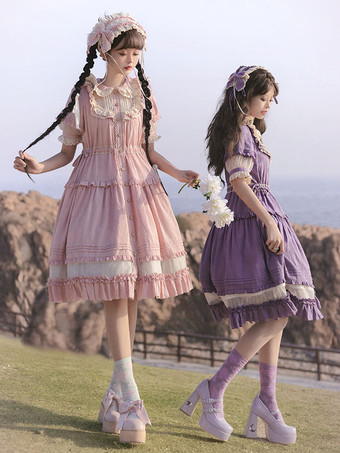 スイートロリータドレス ポリエステル半袖 牧歌風ドレス