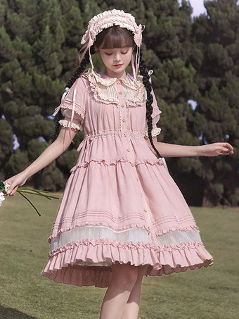 ピンクスイートロリータドレス ポリエステル半袖 牧歌風ドレス