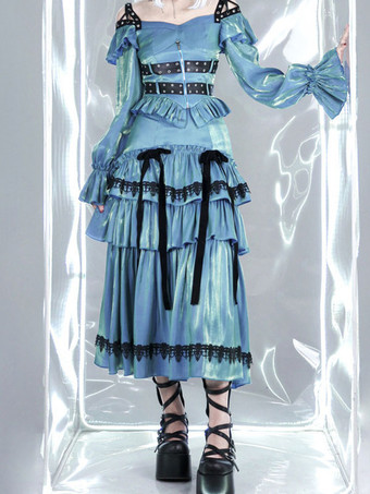 スチームパンクロリータSKレースフリルブルーグリーンロリータスカート