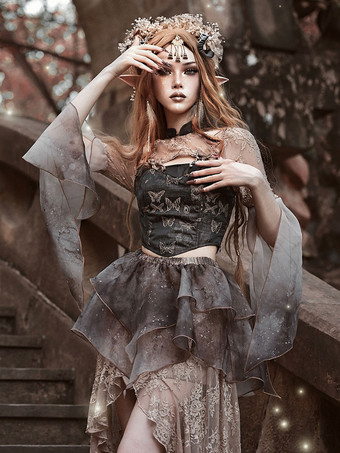 ロリータコルセット女性用チョコレートレース蝶柄ポリエステル