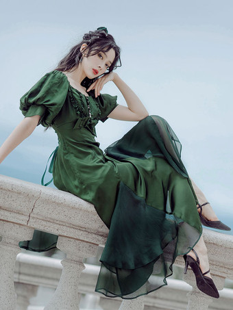 フリル レースアップ ロリータ OP ドレス バーガンディ 半袖 ロリータ ワンピース ドレス