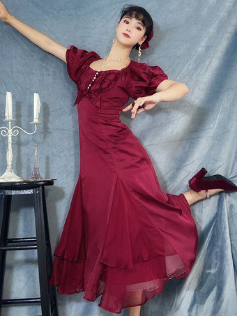 ワインレッド フリル レースアップ ロリータ OP ドレス バーガンディ 半袖 ロリータ ワンピース ドレス