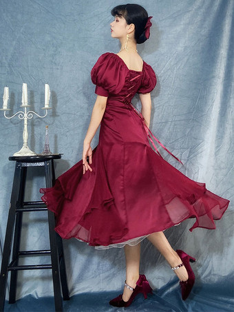 フリル レースアップ ロリータ OP ドレス バーガンディ 半袖 ロリータ ワンピース ドレス