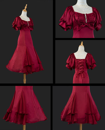 フリル レースアップ ロリータ OP ドレス バーガンディ 半袖 ロリータ ワンピース ドレス