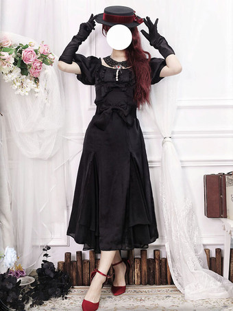 フリル レースアップ ロリータ OP ドレス バーガンディ 半袖 ロリータ ワンピース ドレス