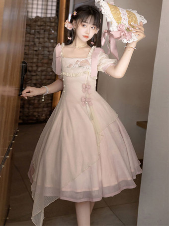 Robe Mignonne Lolita Robe À Manches Courtes En Polyester Style Chinois Broderie