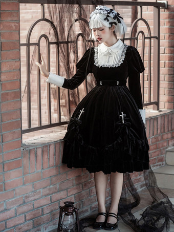 ゴスロリ ドレス フリル レース 長袖 ロリータドレス可愛い ブラック