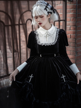 ゴスロリ ドレス フリル レース 長袖 ロリータドレス可愛い ブラック
