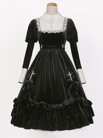 ゴスロリ ドレス フリル レース 長袖 ロリータドレス可愛い ブラック