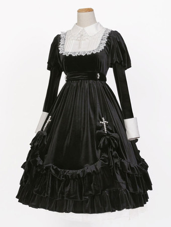 ゴスロリ ドレス フリル レース 長袖 ロリータドレス可愛い ブラック