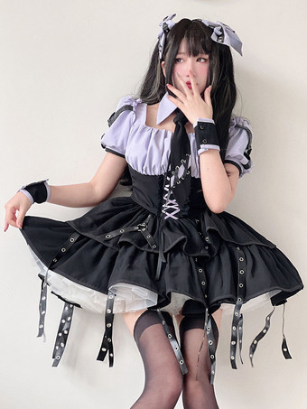 ゴシックロリータドレス パープル レースアップ グロメット かわいいファッション